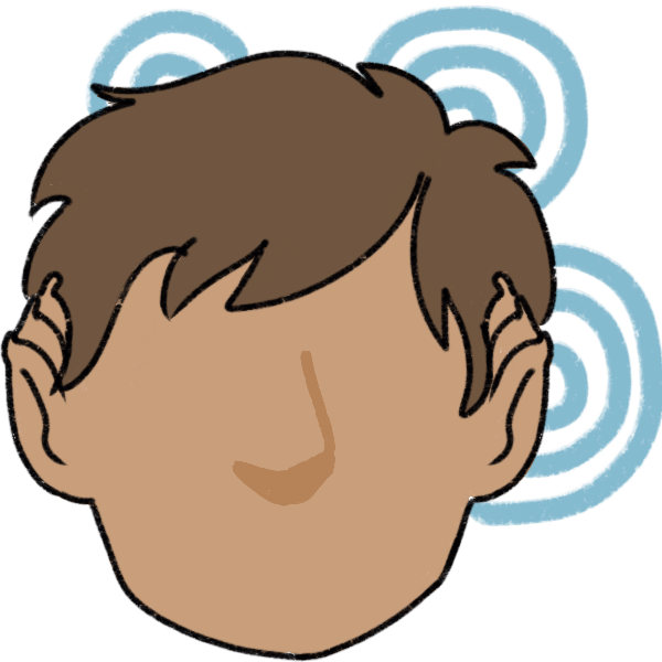 a lightly shaded featureless person with layered, pointed ears. Behind them are transparent teal waves to represent telepathic abilities.